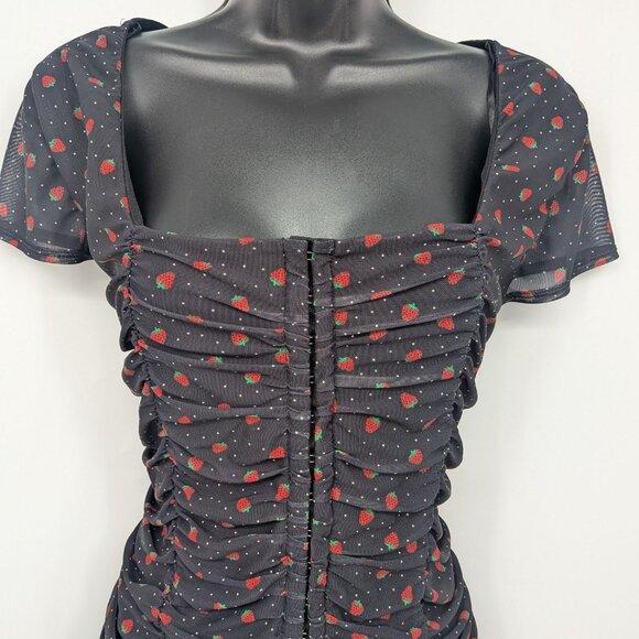 Y2K Strawberry Print Ruched Mesh Top Women Size 1X Coquette Polka Dot Whimsigoth - Picture 3 of 10
